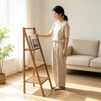 Étagère pliante moderne à trois niveaux en bambou naturel, support de rangement autoportant pour l'organisation du salon