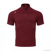 T-shirt de sport américain à demi-zip en nylon/polyester uni, manches courtes, pour homme, été, sans coutures, haute élasticité, séchage rapide