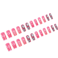 Kit de 24 faux ongles carrés en acrylique, style français, avec lignes papillon peintes à la main contrastées, entièrement recouverts, pour la vente en gros d'articles de nail art