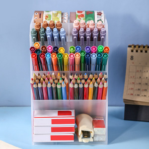 Transparent Slanted Pen Holder <b>Storage</b> Box 9 Grids Plastic Stationery Organizer For <b>Art</b> <b>Supplies</b> Student Desk Use - Product Image 2