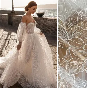 Soft Floral Tulle Lace Fabric For Wedding Gowns White Embroidered Bridal Lace Fabric By The Yard