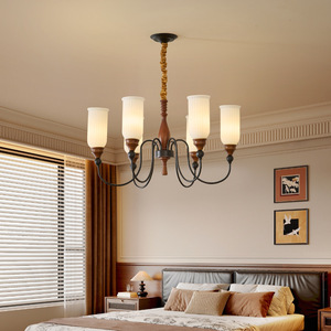 American Vintage French Retro Style Chandelier Walnut Wood Color Multi Head LED <b>Light</b> Bedroom Dining Room Main <b>Light</b> - Product Image 1
