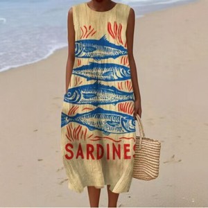 Nuovo Abito Lungo da Spiaggia per Donna 2026, Stile Vacanza al Mare, Stampa Artistica Retrò, Collo Tondo, Vestibilità Ampia - Product Image 1