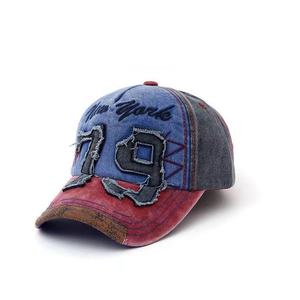Bán buôn New York 79 thêu sunhat cổ điển khối màu rửa bông denim đau khổ thoáng khí có thể điều chỉnh Mũ bóng chày - Product Image 5