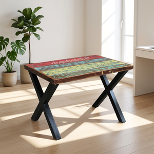 Meubles anciens industriels, table de salle à manger en bois massif, support en métal en forme de X, table d'étude, table de salle à manger pour hôtel et maison - Product Image 4