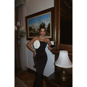 Robe de soirée trapèze en satin noir Isadora pour femme, avec détail rose, col montant chic, manches courtes, coupe empire, longueur ras du sol, disponible du XS au XL - Product Image 3