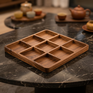Bandeja de Servir de Madera de Acacia Hecha a Mano con Borde Festoneado y 9 Compartimentos, Organizador Cuadrado Grande para Mesa - Product Image 4