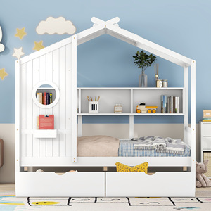 White Wooden <b>House</b> <b>Bed</b> With Storage Drawers And Bookshelf For Kids Bedroom - Product Image 1