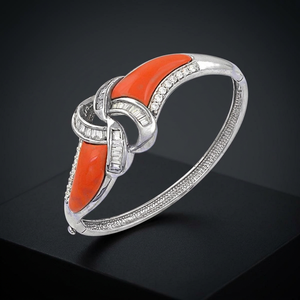 Vintage 925 Sterling <b>Silver</b> <b>Cuff</b> <b>Bracelet</b> with Coral Inlay Diamonds Geometric Design Women's Jewelry Gift - Product Image 3