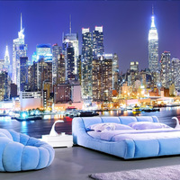 Tapisserie murale en polyester avec motif de lumières de ville bleu profond, décoration murale, impression HD, résistante à la décoloration, vente en gros