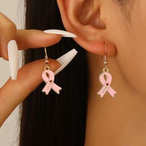 Pendientes <span class=keywords><strong>de</strong></span> Aleación Esmaltada con Colgante del Día del Cáncer <span class=keywords><strong>de</strong></span> Mama, Corazón, Mariposa, Listón Rosa - Product Image 3