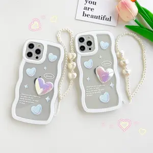 New luxury wave pattern border 3D love hear pearl chain phone case cover for iphone 14 13 12 11 pro max x xr xs 7 8 lanyard case