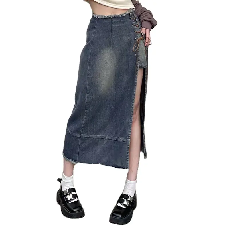 2024 neuer Stil europäisch und amerikanisch hohe taille slim lady Tie Up Slit-Rock Jeans Slim Damen A-Line-Rock