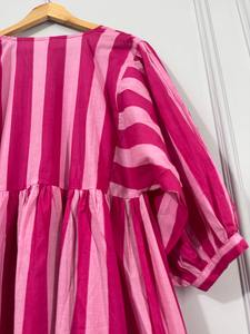 Robe midi rayée en coton pour femme, manches ballon, coupe décontractée, collection boutique ethnique décontractée d'été - Product Image 3