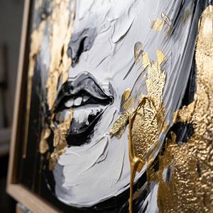 Peinture abstraite peinte à la main en noir et blanc avec accents <span class=keywords><strong>de</strong></span> feuille d'or, art mural contemporain texturé, peinture sur toile imprimée - Product Image 4