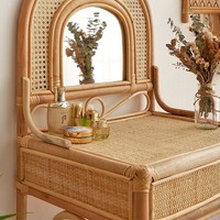 Miroir en rotin tressé à la main de style nordique rétro, table de maquillage pour enfants avec armoire de rangement multifonctionnelle