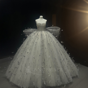 Robe de mariée gris argenté Nt186, bustier, décolleté cœur, <span class=keywords><strong>corset</strong></span> perlé, plumes, tulle, robe de bal avec nœuds Jancember - Product Image 2