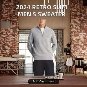 2025 automne hiver Collection rétro mince hommes pull en cachemire respirant Anti-rétrécissement jeunesse tricots fermeture à glissière usine - Product Image 3