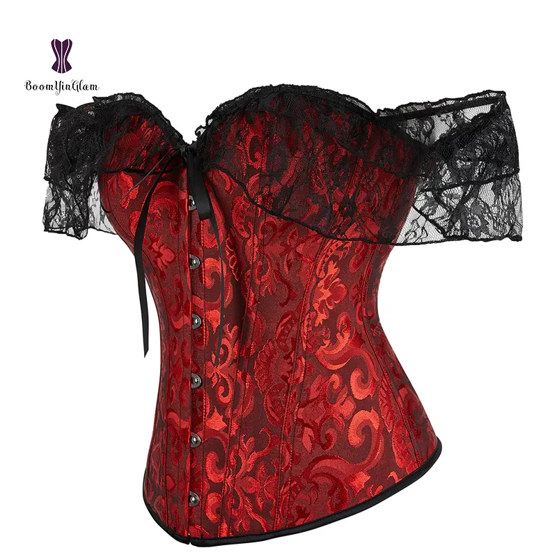 Jacquard corselete feminino sexy, com renda, manga curta, steampunk, corset