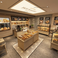 Vitrine à pain et gâteaux en verre trempé scellé, avec panneau en bois LED blanc chaud, beige chaud, style européen classique et quincaillerie dorée