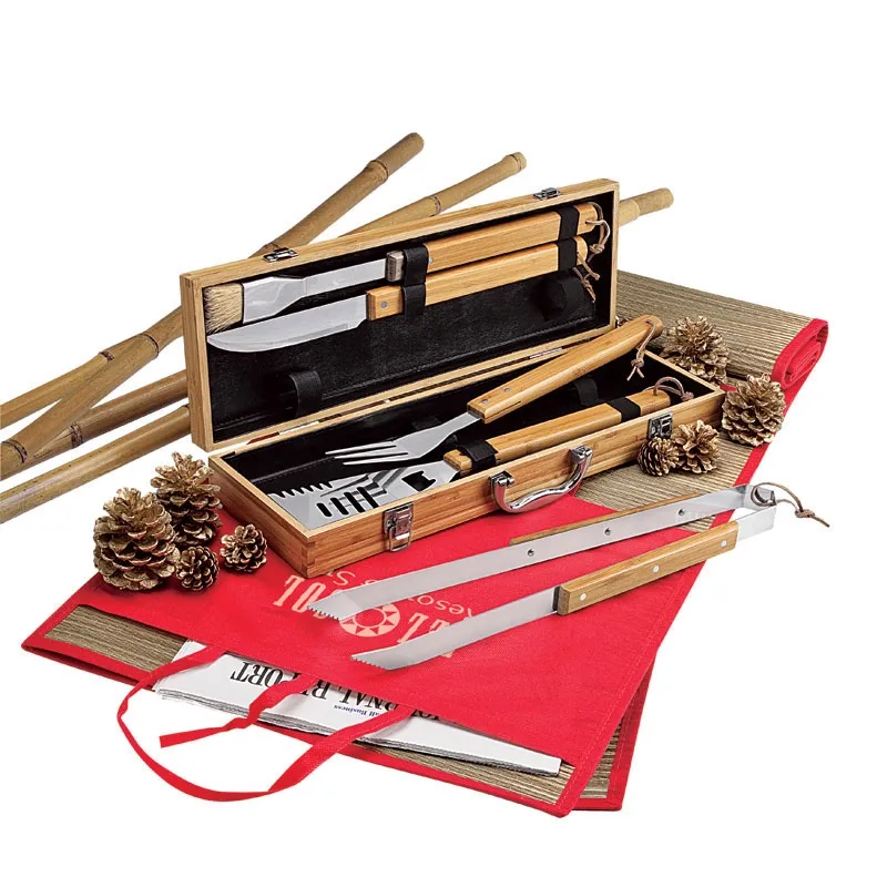 Accesorios de barbacoa de acero inoxidable kit de herramienta de la parrilla de bambú caja de herramienta de barbacoa conjunto