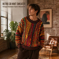 Pull en maille jacquard 3D rétro personnalisé pour homme, coupe ample, col rond, tricot épais décontracté, avec bonnet assorti