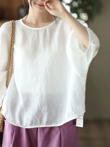 Nuevas camisetas Vintage de <span class=keywords><strong>lino</strong></span> y algodón para <span class=keywords><strong>mujer</strong></span>, Jersey fino de manga de murciélago, blusas informales holgadas, estilo artístico elegante - Product Image 5