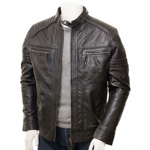 Mens Real Black Leather <b>Jacket</b> Stand Collar Quilted Shoulder Zip Chest Pockets <b>Sheepskin</b> Biker Coat Custom Winter Outerwear - Product Image 1