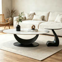 Ensemble de tables basses mobiles, plateau ovale en pierre frittée, base en métal noir artistique, table d'appoint décorative moderne pour salon et maison