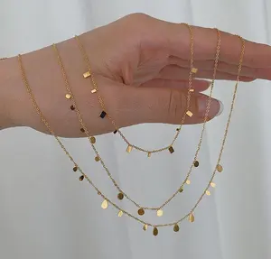 Frauen Edelstahl Vergoldung geometrische Rechteck Wasser tropfen Platte winzige Pailletten Glitzer Charms Halskette