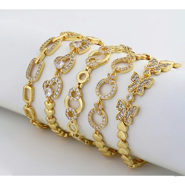 Fine Jewelry Gold Plated Waterproof Diamond Stone Hollow Charm Heart Butterfly Bracelets for Women Jewelry Pulseiras Douradas