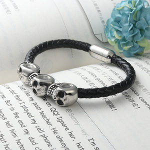 yunnique Titanium Steel Woven Leather <b>Bracelet</b> Black Skull Design Fashion Jewelry For <b>Men</b> And Women - Product Image 3