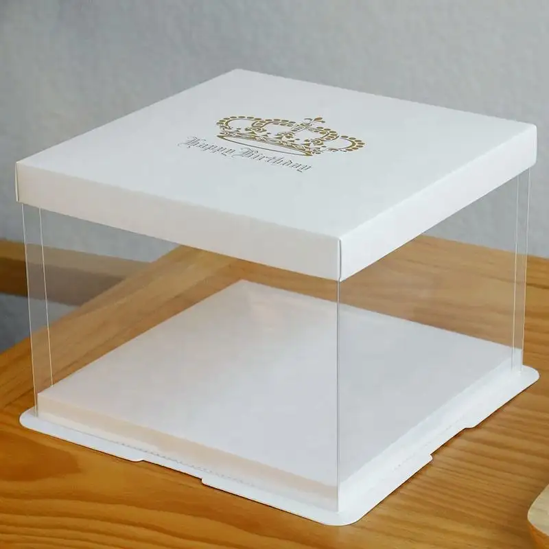 Custom Biodegradable Cake Packaging Printed Golden Crown Transparent Square Cake Boxes
