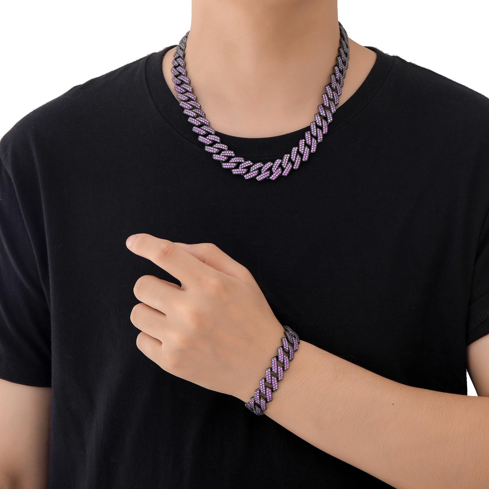 【BLACKPURPLE】BP Icebold Cuban Chain Bracelet Man 15mm Cuban Link Rapper Jewelry - Iced Out Purple Chain Bracelet