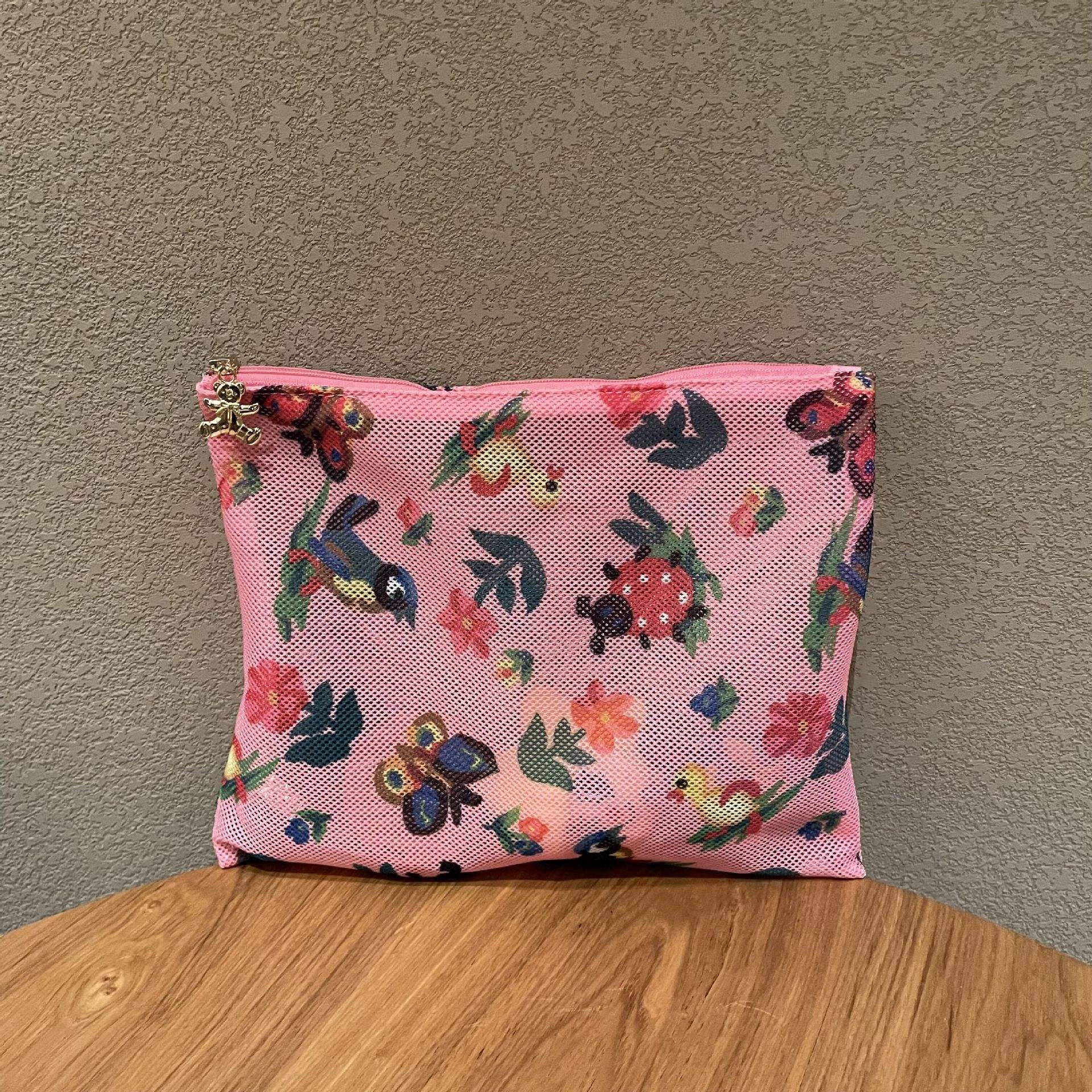 Sac en filet oiseau floral coccinelle rose
