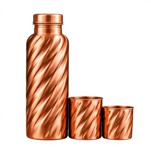 Handcrafted Copper Water Bottle and <b>2</b> <b>Cups</b> Set Spiral Hammered Engraved <b>Flask</b> with Lid - Product Image 1