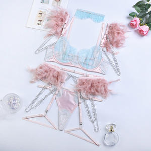 Комплект женского нижнего белья из 3 предметов с перьями, изящное нижнее белье, сексуальный прозрачный кружевной бюстгальтер с цепочкой, роскошные эротические костюмы - Product Image 6