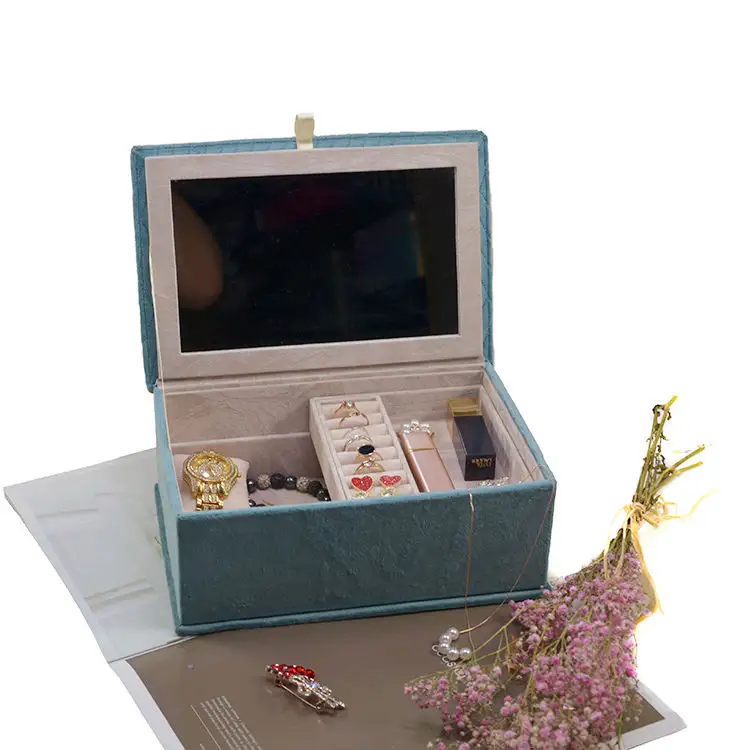 mexda Custom blue velvet mirror jewelry gift box with removable drawer