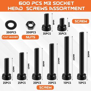 ชุดน็อตสกรู M3 พร้อมแหวนรอง 600 ชิ้น เหล็กอัลลอยด์ 12.9 เกรด A สำหรับงานก่อสร้าง หัวหกเหลี่ยม เมตริก - Product Image 4