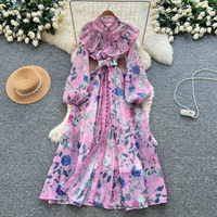 Robe longue décontractée pour femme WIWT, élégante, à imprimé floral, col montant à volants, manches longues bouffantes, coupe trapèze, pour le quotidien et les vacances