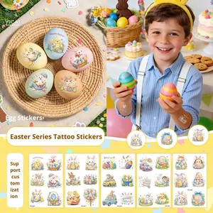 Nouveaux tatouages temporaires de Pâques pour enfants et adultes - Designs mignons de lapins et d'œufs de dessin animé, autocollants de faveurs de fête DIY pour la chasse aux œufs de Pâques - Product Image 1