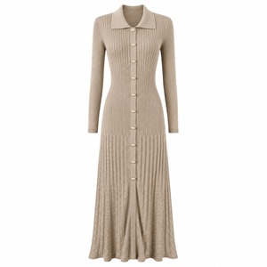 Robe longue maxi en maille ajourée pour femme, manches longues, boutonnage simple, décontractée d'été, coupe ajustée, col en V, à lacets, antistatique, naturelle - Product Image 5