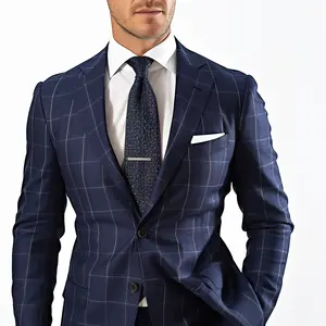 新款蓝色平翻领男士套装日常正式夹克格子斑点型男士套装
