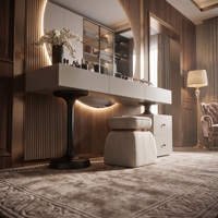 Coiffeuse de luxe moderne en bois blanc avec grand miroir LED rétroéclairé et tabouret sur pied – Ensemble de coiffeuse minimaliste pour chambre d'appartement