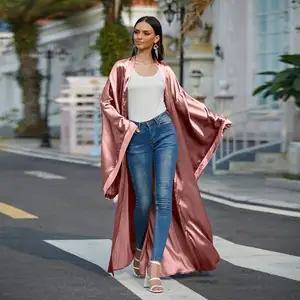 2022 Wholesale Dubai Turkey Luxury Long Sleeve Cardigan Islamic Clothing Eid Abaya Muslim Women Dresses Silk Satin Opne Abaya