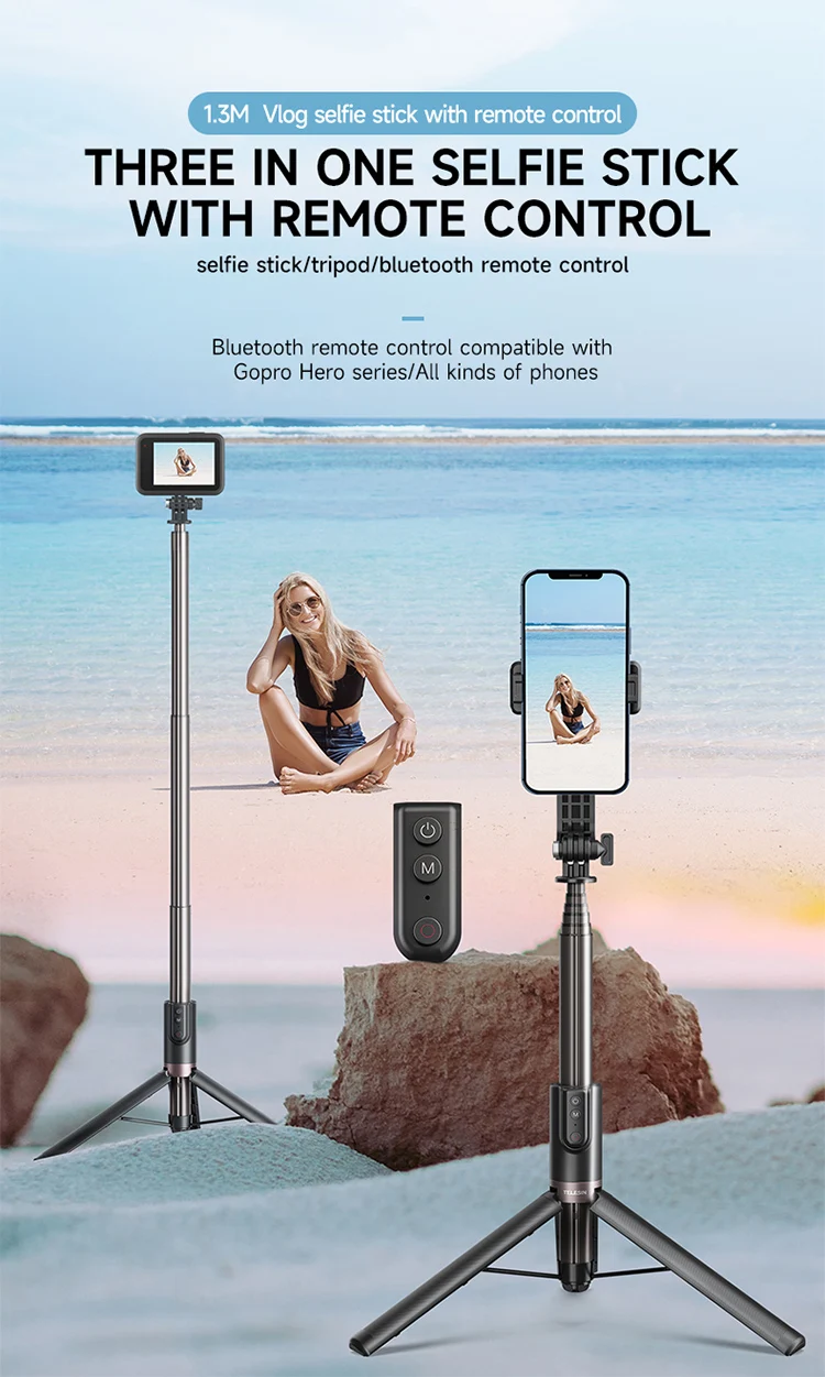 Telesin Remote Control 1.3m Selfie Stick Tripod For GoPro Cameras and Phones