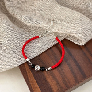 S925 Sterling <b>Silver</b> Buddhist <b>Beads</b> Red Rope Bracelet Women's Everyday Wear Agate Ball Shape Diy Braided Jewelry - Product Image 2