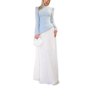 Avondjurk met lange mouwen voor dames, op maat gemaakt ontwerp, gala-jurk met plooien en O-hals, ademend patchworkpatroon - Product Image 5