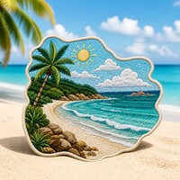 Patchs thermocollants 3D en chenille brodés OEM, motifs irréguliers tropicaux (plage, palmier, océan), texture variée, points variés, à coudre sur chapeaux, tissus et articles de voyage