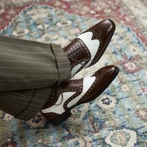 Chaussures habillées pour hommes, style britannique, richelieu en cuir véritable, légères et respirantes, à lacets, noir-blanc - Product Image 2